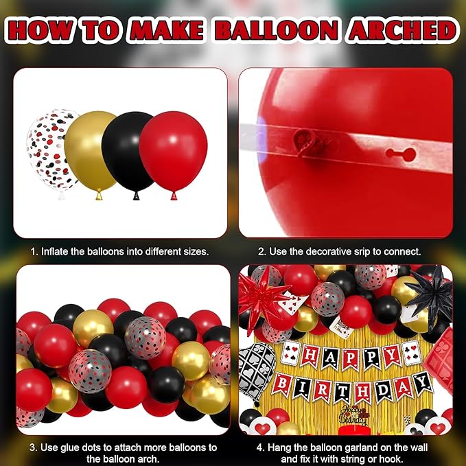 Ouddy Life 103Pcs Casino Theme Party Decorations, Red and Black Happy Birthday Banner Star Heart Poker Foil Balloons Fringe Curtain Paper Tassel Cake Topper for Las Vegas Game Night Party Decorations