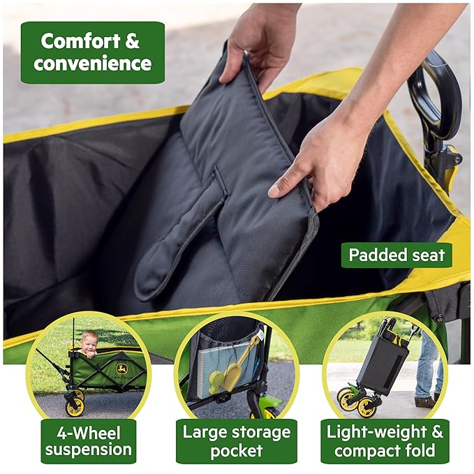Bright Starts John Deere Pop 'N Ride Stroller Wagon, Foldable with Sun Shade 50+ SPF Protection, Seats 2 Kids at Once, Green & Yellow Unisex