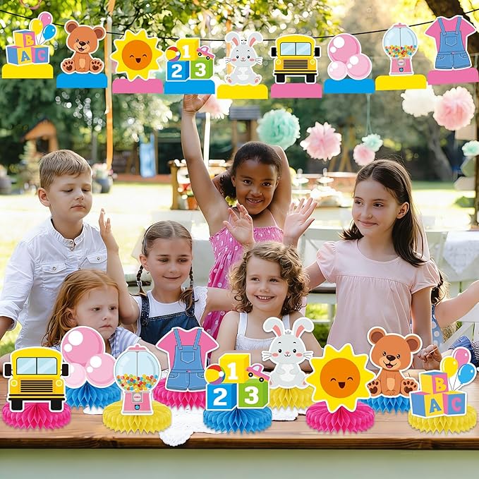 9Pcs Girls Party Decorations Cartoon Teacher Honeycomb Centerpieces Cartoon Girl Table Centerpieces Decorations English Teacher School Bus Table Topper for Kids Birthday Baby Shower Party Supplies