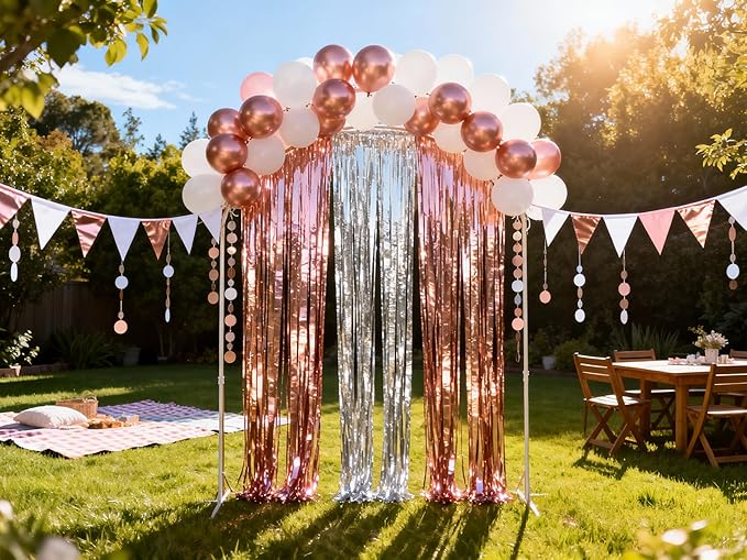 3 Pack Rose Gold and Silver Foil Fringe Curtains, Birthday Decorations Metallic Streamers, Party Photo Booth Backdrop for Holiday Wedding Engagement Bridal Shower Party Rose Gold White Tinsel