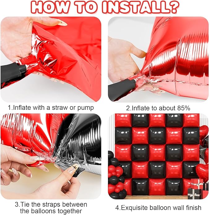 Black Red Square Foil Balloon Wall,25Pcs Double Sided Foil Balloons Backdrop Helium Tunnel Arch Garland Kit for Birthday New Year Eve Graduations Bridal Anniversary Party Decorations