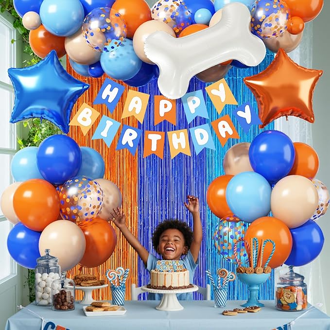 Orange and Blue Birthday Decorations for Boys, Orange Light Blue Nude Confetti Latex Balloons Dog Paw Cake Topper Bone Star Foil Balloon Happy Birthday Banner for Girl Boy Cartoon Theme Party Supplies