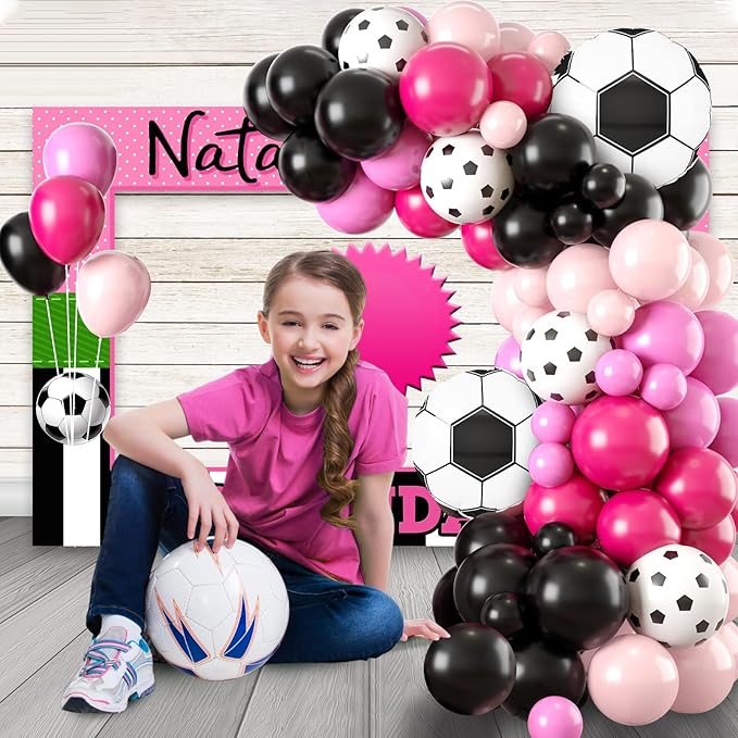 Soccer Party Balloon Garland Arch Kit, Black Hot Pink Decorations With Foil Balloon for Women Girls Kids Birthday Sports Theme, Football Party Decor Supplies
