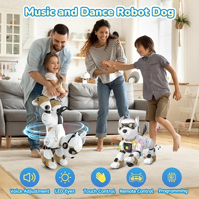 PeachLeaf Robot Dog Toy for Kids, Programmable Interactive RC Pet with Voice Control & Touch Sensor, Imitates Animal Sounds, Plays Music, Dance Modes, Robotic Puppy Toy for Kids Boys & Girls (Gold)