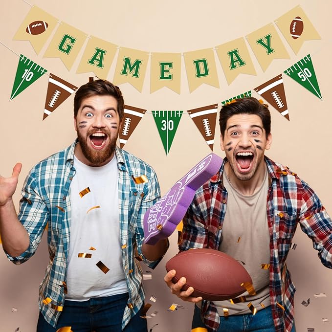 Hooqict 2 Pieces Game Day Football Banner Football Party Decorations Football Party Banner Garland with Triangle Flags Sign for Sports Birthday Party Decorations Tailgate Party Supplies