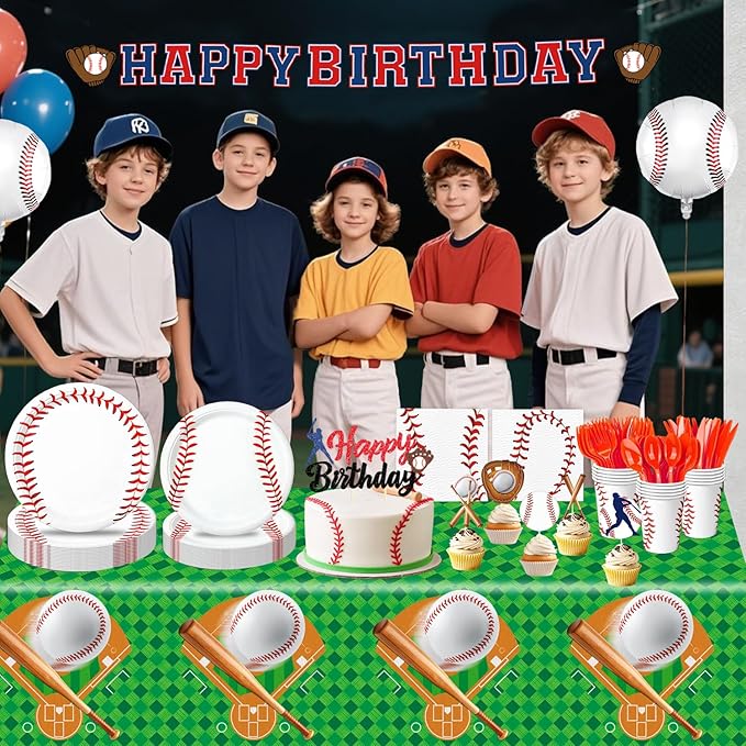 140 PCS Baseball Birthday Decorations, Baseball Party Supplies Includes Plates, Napkins, Cups, Cutlery for Baseball Party Decorations, Serve 20
