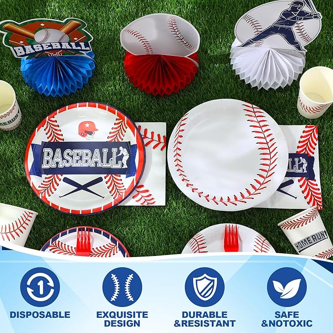 Meanplan Baseball Party Supplies Kit 167 Pcs Baseball Party Decorations Includes Paper Plates, Napkins, Cups, Concessions Banner, Tablecloth and Honeycomb for Sports Theme Birthday Decor, Serve 24