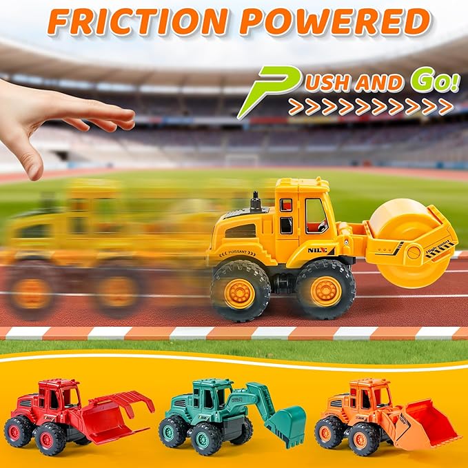 Beestech Construction Toys for 3 Years Old Boys Girls Kids, Friction Powered Construction Truck Toys Vehicles Sand Toys Trucks Excavator, Bulldozer, Road Roller (Colorful 4 Pack)