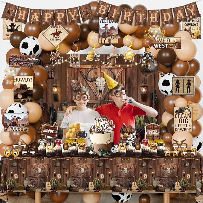 Western Party Decorations, 126 Pcs Wild West Cowboy Rodeo Bday Party Decor Supplies for Boys - Backdrop, Banner, Tablecloths, Centerpieces, Paper Glasses, Hat, Stickers, Wall Signs