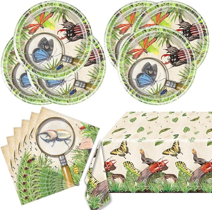 OULUN Bug Party Decorations Tableware, 20 Plates and 20 Napkins and Tablecloth86 '' x 51'' Birthday Party Decorations