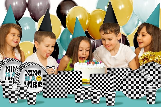 Nine is a Vibe Smiley Face 9th Birthday Party Supplies - 64 Piece Boys Ninth Birthday Tableware Set Includes Large 9" Dinner Plates and 8" Dessert Paper Plates Napkins Cups - Kit for 16