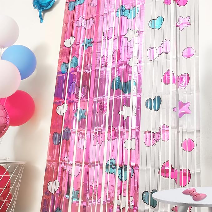 Kawaii Birthday Decorations, 2 Pack Cartoon Cat Theme Party Supplies, 3.3 x 6.6ft Tinsel Foil Fringe Curtains, Bow Photo Booth Props, Backdrop Streamers, Perfect Room & Doorway Decor for Girls