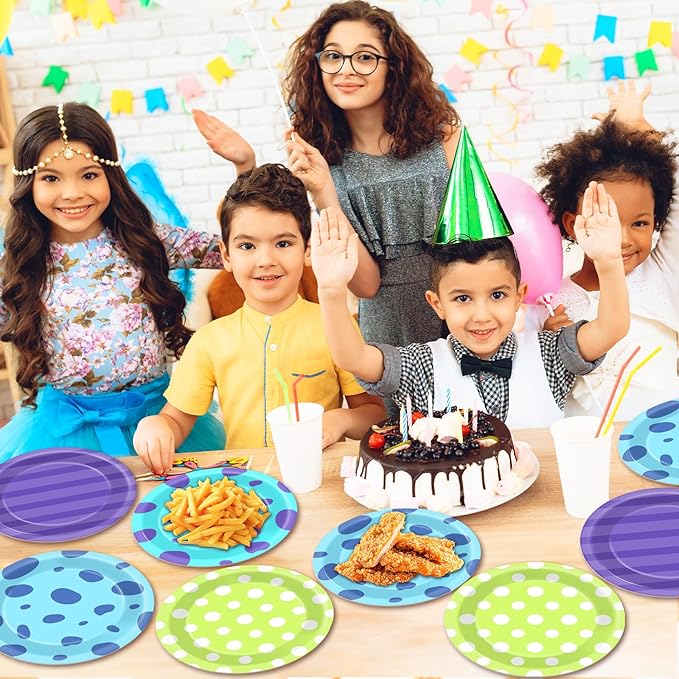 48PCS Monster Birthday Party Paper Plates for Monster Theme Party Table Supplies 7" Cartoon Blue Green and Purple Disposable Dessert Plates Tableware for Kids Birthday Baby Shower Decorations