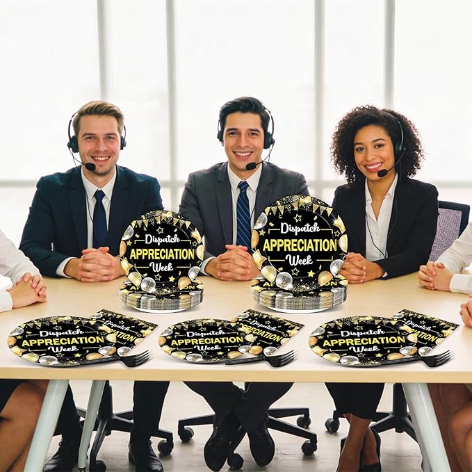 96PCS Dispatch Appreciation Week Party Paper Plates and Napkins Thank You Party Decor Black Gold Work Anniversary Tableware for Staff Employee Party Gatherings Decorations