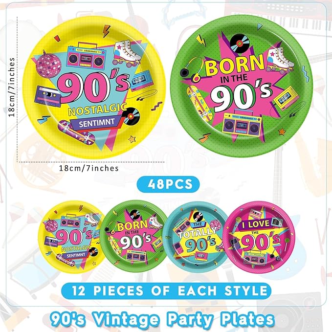 CHUNNIN 48Pcs 90's Party Plates Back to The 90s Party Decorations 1990s Theme Paper Dessert Plates Retro Birthday Supplies 7" 1990's Music Decorations for Kids Birthday Baby Shower Favor