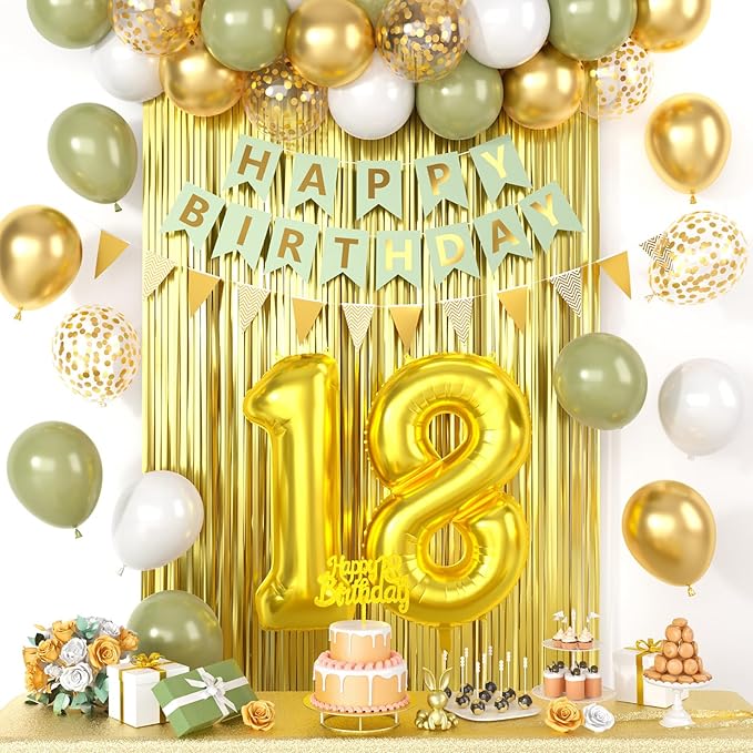 18th Birthday Decorations For Boys Girls, Sage Green Happy Birthday Party Decoration With Number 18 Balloons Gold Confetti Balloons Fringe Curtain Banner Cake Topper For 18th Party Supplies