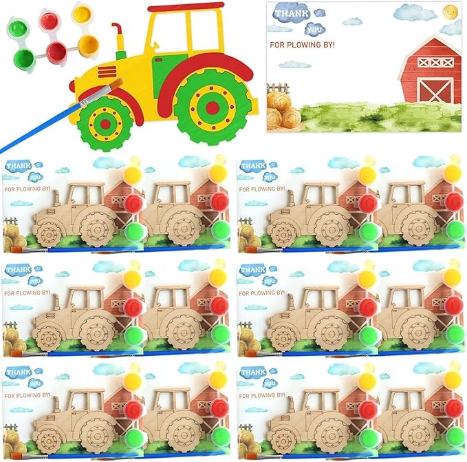 12 Pack Unassembled Tractor Party Favors, Wooden Tractor Cutouts with Magnets & Painting Kits for Kids, Farm Theme Birthday Crafts & Thank You Gifts