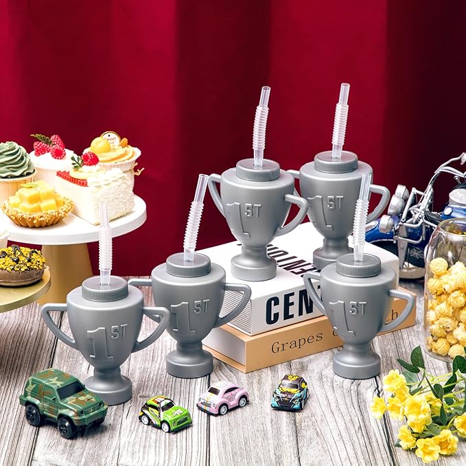 Amyhill 12 Pcs Race Car Trophy Cups With Straws and Lids 12 Oz Plastic Race Car Birthday Party Supplies And Favors For Kids Adults Props Rewards Winning Prizes Competitions (Silver)