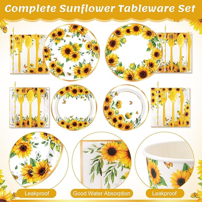 450 Pcs Sunflower Birthday Tableware Set Decorations Floral Paper Plates Napkins Cups Cutlery Straws for Yellow Birthday Wedding Bridal Shower Baby Shower Decorations, Serves 50