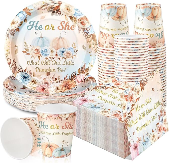 Hushee 200 Pcs Fall Pumpkin Gender Reveal Baby Shower Paper Plates Napkins Cups Baby Shower Party Supplies Tableware Set Disposable Cup Napkin for 50 Guest Party Decoration