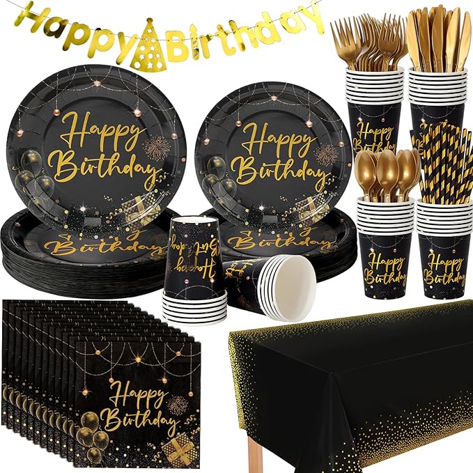 Sawysine 202 Pcs Black and Gold Happy Birthday Party Supplies Disposable Dinnerware Set 50 Plates 25 Cups 25 Napkins 25 Plastic Forks 25 Knives 25 Spoons 25 Straw Flag Tablecloth to Serve 25 Guests
