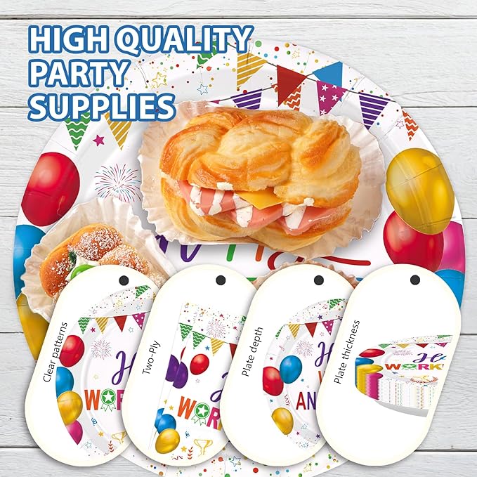 96Pcs Happy Work Anniversary Party Supplies Colorful Happy Workiversary Plates and Napkins Colorful Work Office Paper Tableware Set for Employee Worker Appreciation Party Supplies Serves 24