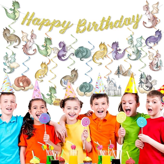 32Pcs Dragon Birthday Party Decorations Watercolor Magic Dragon Banner Hanging Swirl Fantasy Birthday Party Supplies Dinosaur Baby Shower Cutout Banner for Kids Decor