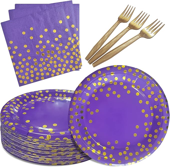 Purple and Gold Party Decorations for 35 Guest 7",Birthday Plates and Napkins Party Supplies,Purple Paper Plates Napkins for Wedding,Graduation