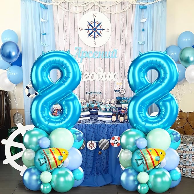 40 Inch Blue Number 8 Balloon Ocean Under the Sea Number Eight Foil Balloons Tower with Shark Bubble Fish for Boys 8th Birthday Party Decor Blue Green Underwater Digital Aluminum Balloons Stack