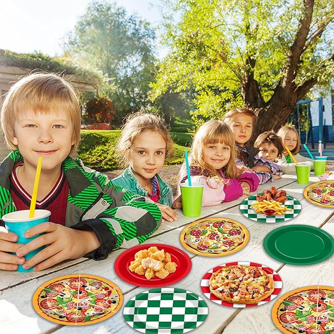 60PCS Pizza Theme Birthday Party Plates Red Green White Pizzas Checkered Disposable Paper Dessert Plates for Italian Pizza Birthday Decorations Party Tableware Set for Kids BBQ Picnic Supplies