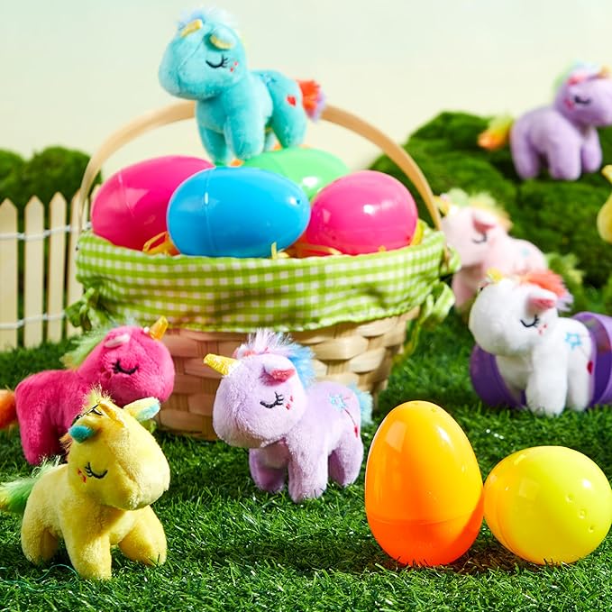 JOYIN 12 Pcs Filled Easter Eggs with Plush Unicorn, Bright Colorful Eggs Prefilled with Variety Plush Unicorn for Kids Toddlers Easter Hunt, Basket Stuffers and Party Favors