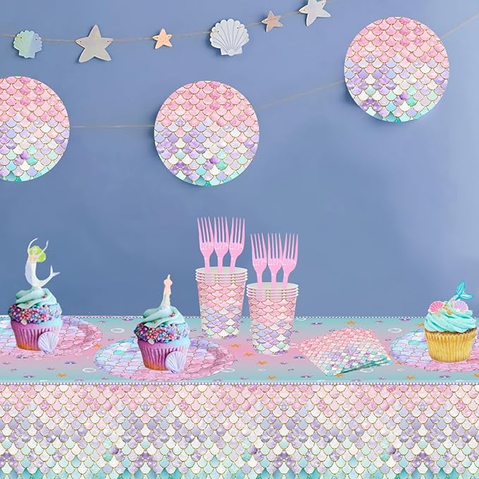 121 Pcs Mermaid Birthday Party Decorations Plates Set for 24 Guests,Little Mermaid Party Supplies Ocean under the Sea Party Tableware Plate,Fork,Napkins Tablecloths Cups for Princess Girls