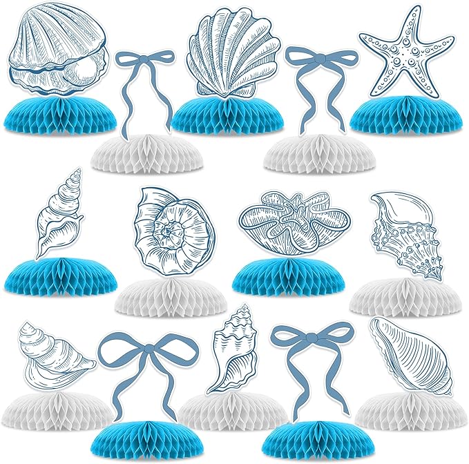 14 Pcs Summer Seashells Party Table Decorations, Ocean Happy Birthday Honeycomb Centerpieces, Party Supplies Birthday Decorations Blue Bow Starfish Seashells for Women Men Baby Shower
