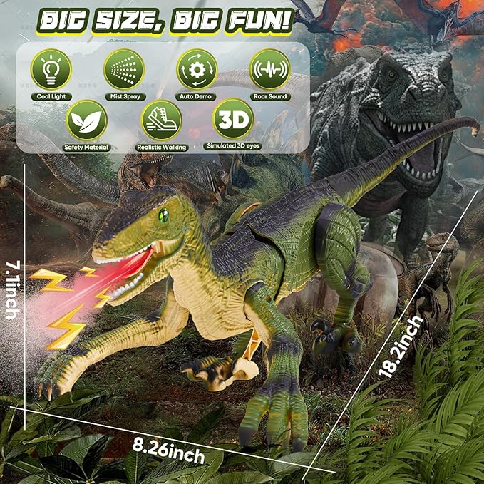 Remote Control Dinosaur Toys for Kids, Dinosaur Toys for Boys Big Walking Velociraptor Dino with Light Sound and Spray Stream Birthday