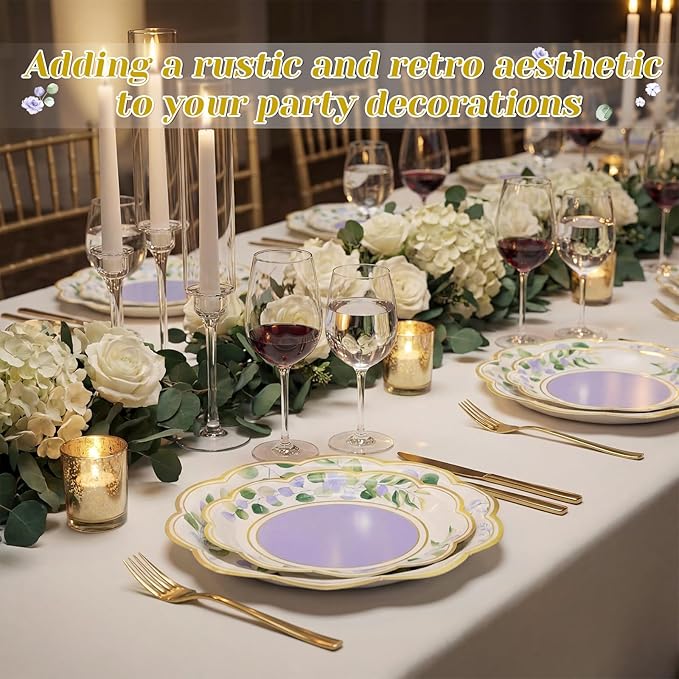 60 Pcs Eucalyptus Paper Plates 9 in and 7 in Purple Dessert Party Plates with Gold Rim Disposable Floral Shape Tableware for Wedding Birthday Party Baby Shower Bridal Shower