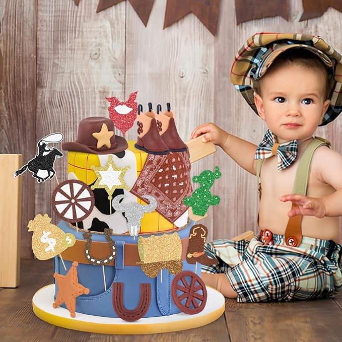 Hooqict 18Pcs Cowboy Cake Decorations Set with Mini Cowboy Hat and Boots, Western Cake Toppers & Rodeo Cupcake Toppers for Wild West Country Themed Birthday Party Decorations Favors