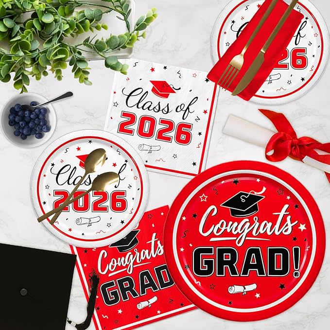 Oigco Graduation Red Party Supplies Kit Dinner Plates Dessert Plates and Napkins for Congrats Grad Party Decorations, Serves 50