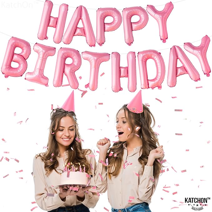 KatchOn, Pink Happy Birthday Balloons Banner - 16 Inch | Happy Birthday Sign | Pink Birthday Decorations | Birthday Balloons Letters | Banner for Happy Bday Decorations