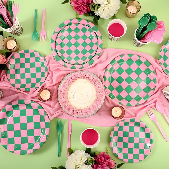 Zhehao 144 Pcs Pink and Green Checkered Party Decor Tableware Pink and Green Gingham Plaid Paper Plates Cup Napkin Knives Fork Spoon for Witch Princess Themed Party Disposable Supplies Serve 24 Guest