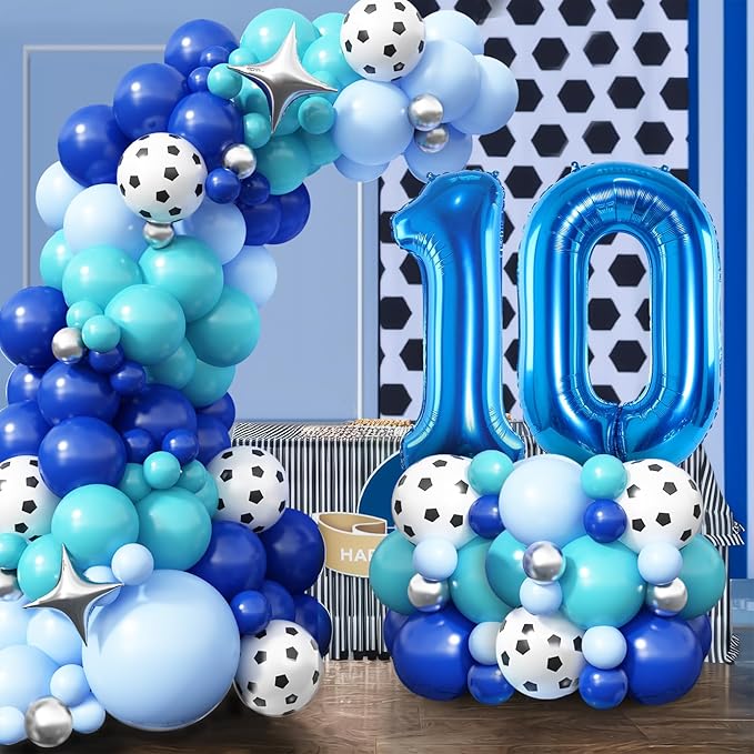 10th Birthday Soccer Party Decoration for Boys, 10th Soccer Birthday Balloons Arch with Royal Blue Teal Light Blue Balloon Garland Kit Large Number 10 Balloon for 10th Football Birthday Party Supply