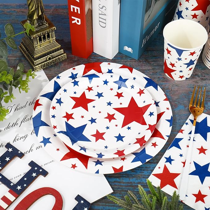 Whaline 96Pcs Patriotic Party Tableware Set with Paper Plate Napkin Cup Red Blue Star 4th of July Disposable Dinnerware for 24 Guests Independence Day Party Table Decor