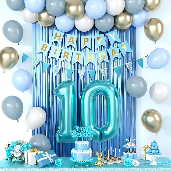 10th Birthday Decorations, Blue Happy Birthday Party Decorations With Teal Blue Number 10 Balloons Dusty Macaron Blue White Balloons Fringe Curtain Banner Cake Topper For Boy Girl Party Supplies