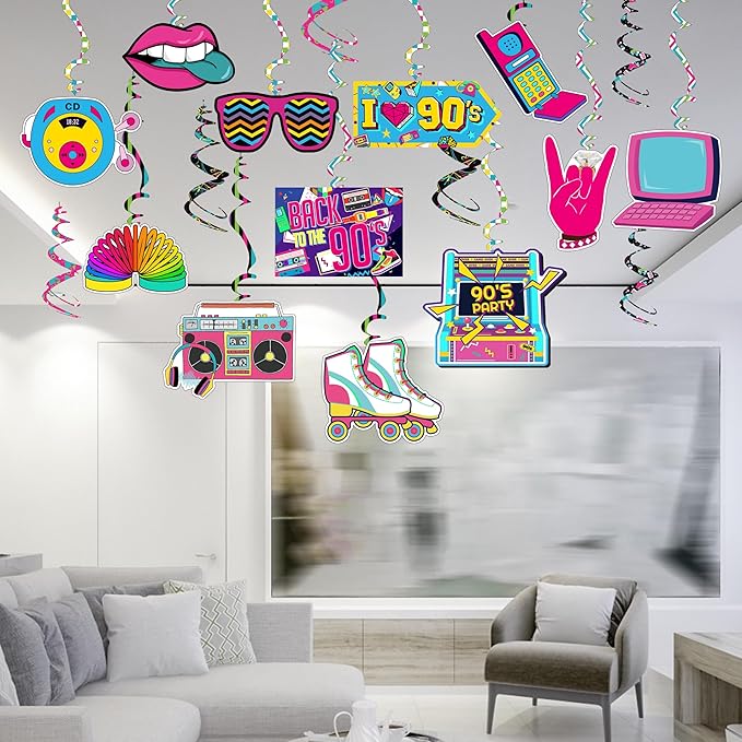 90s Theme Party Decorations Throwback 90's Party Colorful 1990s Hip Hop Birthday Party Hanging Swirls Ceiling Decor for Adults Back to The 90s Party Supplies
