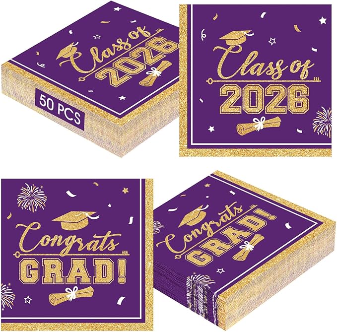 50 Pcs Graduation Napkins Class of 2026 - Purple Gold Congrats Grad Napkins Set, 3-Ply Disposable Graduation Luncheon Dinner Party Paper Napkins for Grad Party Supplies Table Decoration