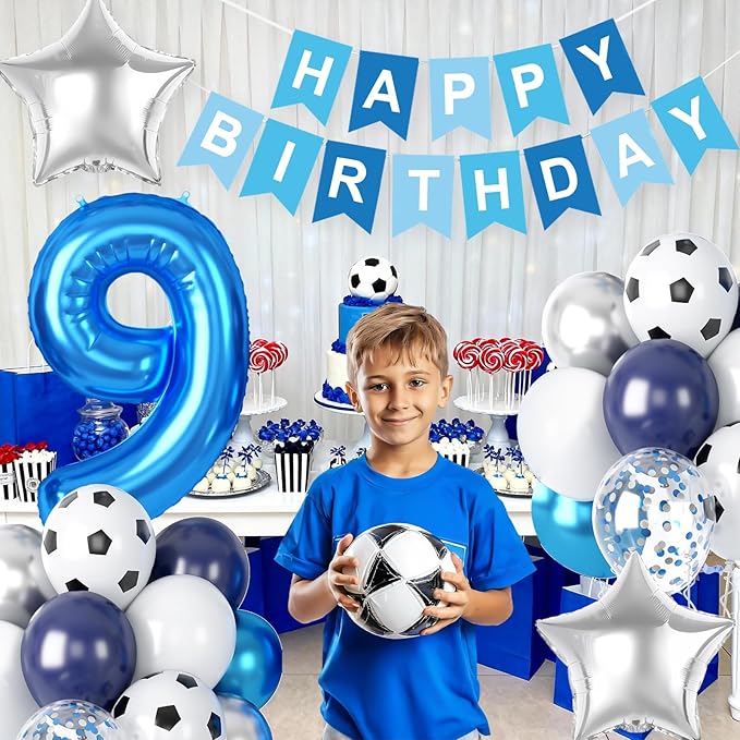 Soccer Party Decorations for Boys, 9th Soccer Birthday Decoration with Blue White Silver Balloons 'HAPPY BIRTHDAY' Banner Cake Toppers 32in Foil 9 Balloon for Boys Birthday Decor