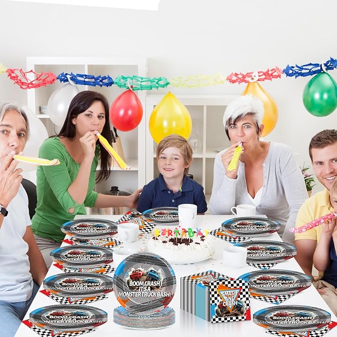 CHUNNIN 50Pcs Monster Truck Party Plates and Napkins Racing Car Party Decorations Monster Truck Disposable Race Car Tableware Set Serves 25 Guest Dinnerware Kids Boys Birthday Baby Shower Supplies