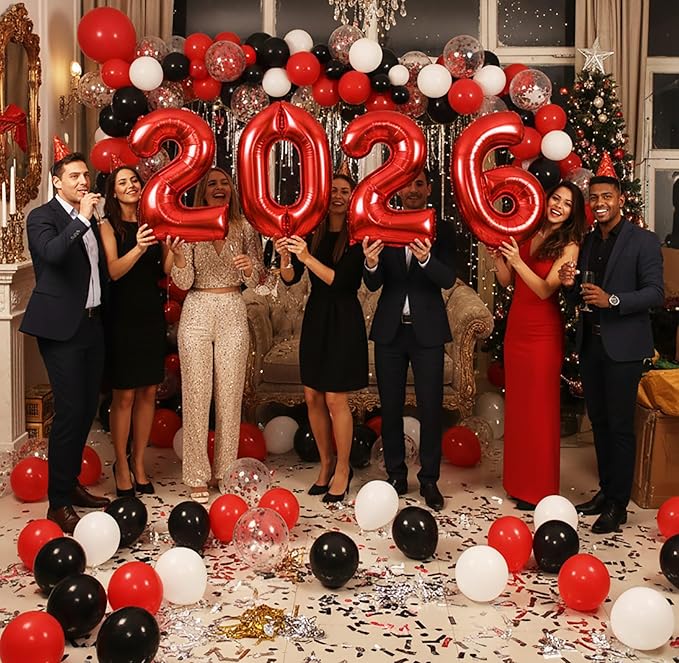 KALOR 16 Inch 2026 Red Foil Number Balloons, 2026 New Years Decorations for 2026 Happy New Year Eve and Graduations Party Supplies