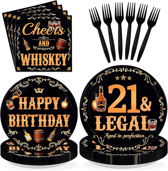 96Pcs 21 & Legal 21st Birthday Decorations Legal Whiskey Themed Birthday Party Plates Whiskey Aged To Perfection Tableware Set for Boys Men 21 Years Old Party Favors Serves 24