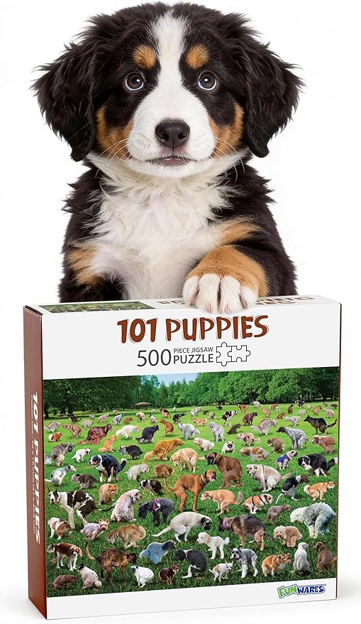 Funwares Original 101 Puppies Puzzle – 500-Piece Hilarious Dog Jigsaw – Funny Gift for Dog Lovers, White Elephant, and Pet Lovers with a Sense of Humor