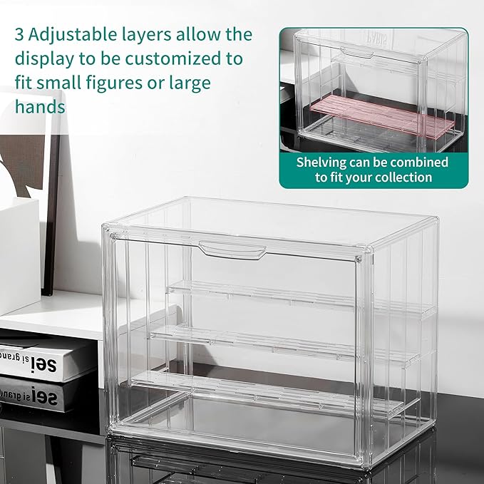 Attelite Acrylic Display Case,Upgrade 4 Tiers Clear Display Case with 3 Adjustable Divider, 4 Pack Stackable Large Storage Box with Magnetic Door for Collectibles Action Figures